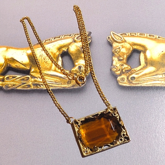 Art Deco 1930s Amber Crystal Filigree Necklace - Picture 3 of 6